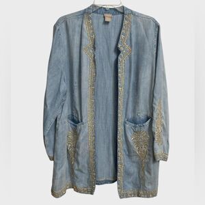 Chico's Embroidered Chambray Duster Jacket Women 16/18 Washed Blue Boho Western